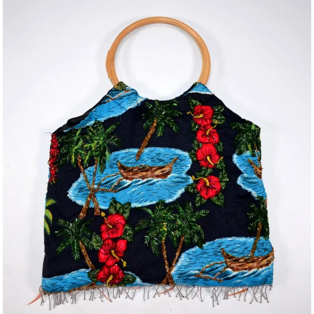 Hawaiian Purse Double Bamboo Handles Hibiscus‎ Floral Catamaran Beaded Fringe